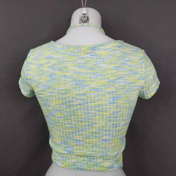 Women Baby Tee Top Small Green Y2K Cropped Knit Ribbed Drawstring Statement - Picture 5 of 13